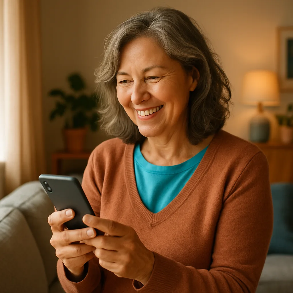 Smiling woman confidently checking her phone — verified profiles on The Lincolnshire Dating Site